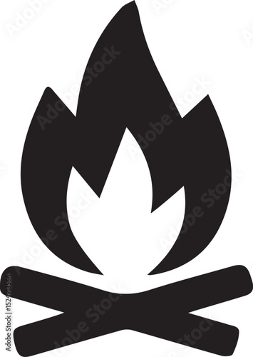 campfire silhouette, fire pit vector, flames outline, outdoor fire icon, bonfire illustration, night fire clipart, glowing fire sketch, camp flame art, wilderness fire symbol, logs and flame vector, c