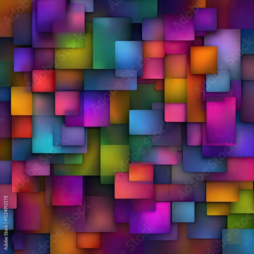 Vibrant, overlapping squares in diverse colors and shades create a dynamic, abstract pattern