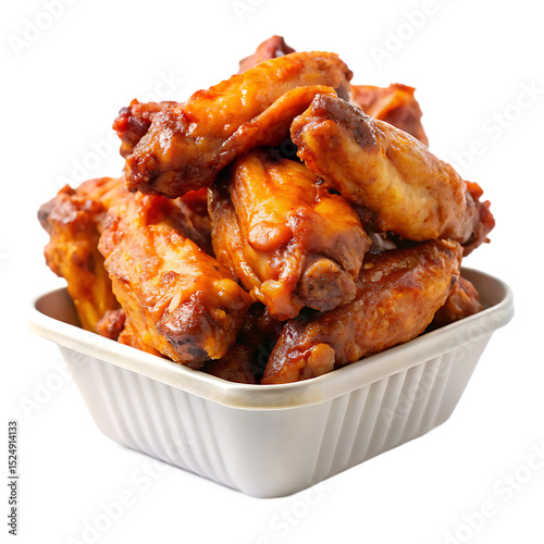 Stack of chicken wings in take out container isolated on white background