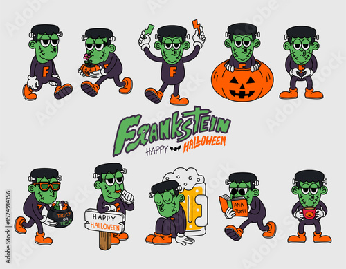 Frankenstein Halloween cute cartoon character retro trick or treat pumpkin spooky holiday fun