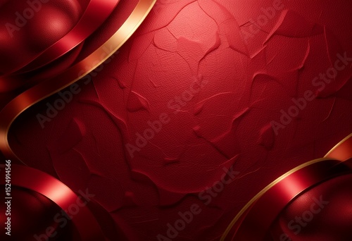 Abstract red textured background with elegant flowing metallic ribbons and gold accents