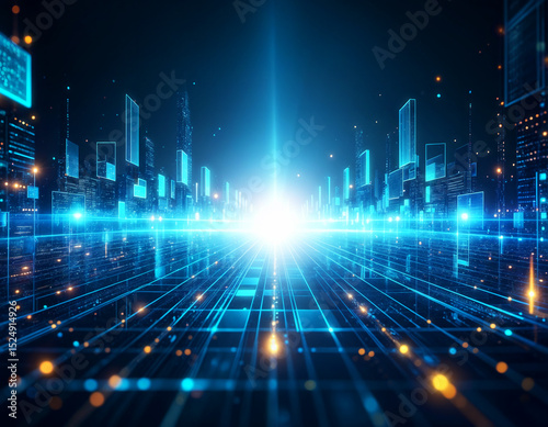 Abstract futuristic city glowing with digital lines and data streams. Concept of technology, data processing, and global connectivity in a modern urban landscape.