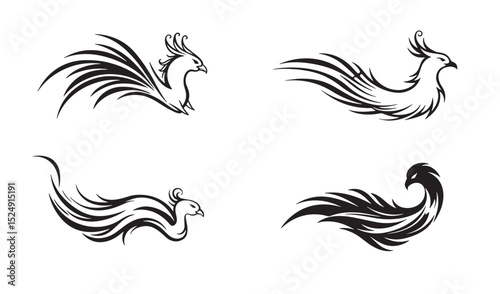 Elegant phoenix bird silhouettes in various poses suitable for logo design or decorative elements