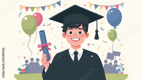 Happy Graduate with Diploma, A young graduate holding their diploma with a beaming smile, wearing a black graduation cap and gown