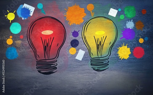 Dual Lightbulb Creativity Concept Colorful Splashes and Ideas, Brainstorming, Innovation
