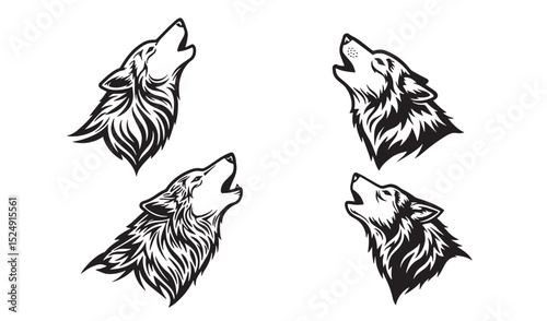 Four howling wolf head silhouettes in black and white displaying majestic animal spirit and wilderness symbolism