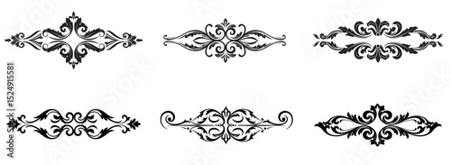 Elegant black ornamental flourish design, symmetrical lineart, vintage style
