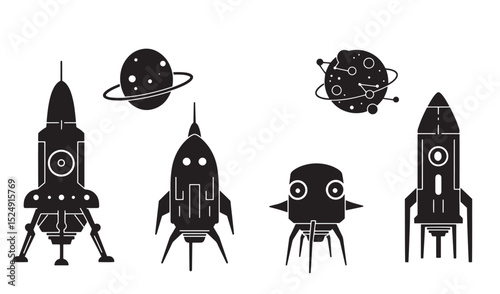 Collection of stylized black and white spacecraft and planets in a clean minimalist design