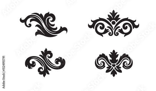 Set of elegant ornamental flourishes and swirls in black silhouette for decorative design elements