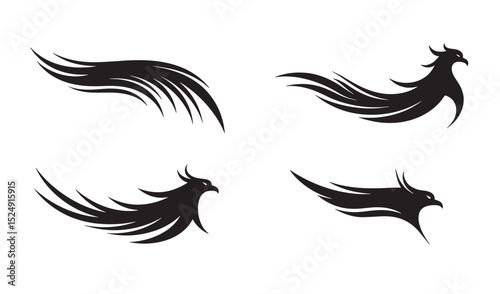 Dynamic black eagle silhouette logos designs featuring creative feathered wings and focused bird profiles for brand identity and symbolism