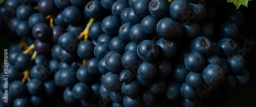 Dark, plump grapes clustered closely together, glistening subtly in low light,  antioxidant,  detail
