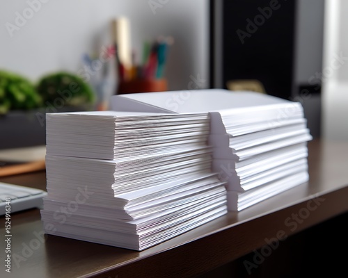 Glossy paper pile neatly aligned on desktop corner.