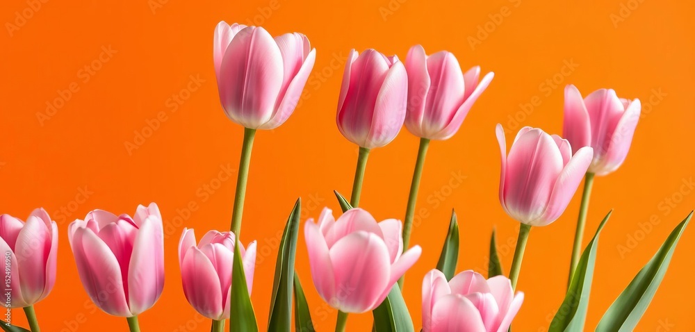 Fototapeta premium Delicate pink tulips bloom vibrantly against a warm orange backdrop, card, design