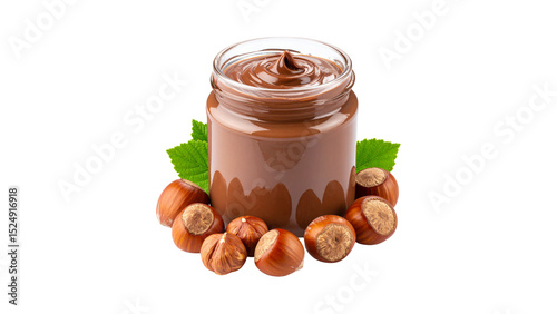 Chocolate cream with hazelnut. Jar of Brown, sweetened hazelnut cocoa spread. Delicious organic chocolate cream for morning snack, breakfast. Food photo. Macro high resolution. Isolated Background