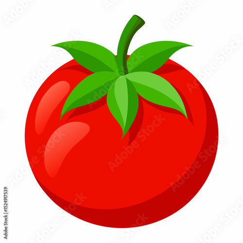 A vivid, high-resolution digital illustration of a ripe red tomato with lush green leaves, isolated on a pristine white background. Ideal for culinary, gardening, nutrition, and organic food concepts.