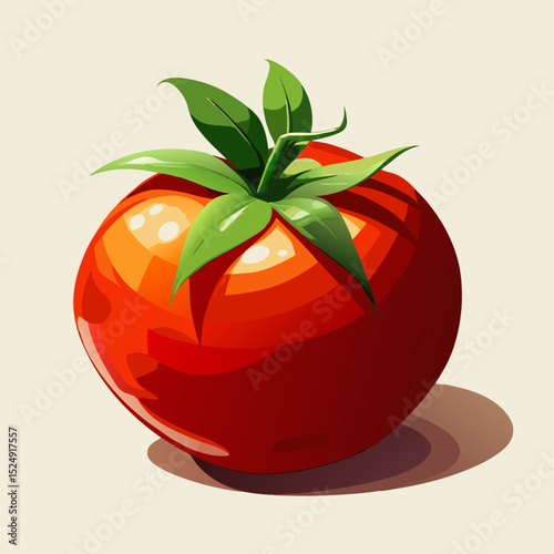 A vivid, high-resolution digital illustration of a ripe red tomato with lush green leaves, isolated on a pristine white background. Ideal for culinary, gardening, nutrition, and organic food concepts.