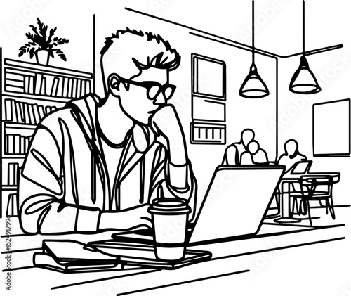 Young man studying on laptop while sitting at desk in modern cafe students studying,  
