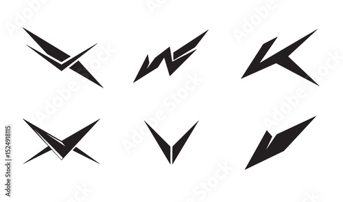 Vector graphic collection of abstract black silhouette letter or symbol designs in geometric and minimalist styles