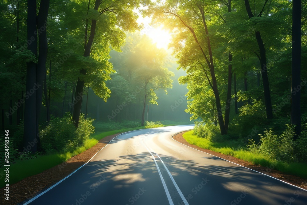 Obraz premium Winding Road Through Lush Forest at Sunrise