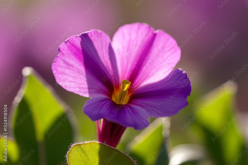 Fototapeta premium Close-up of a vibrant purple flower with delicate petals and green leaves.