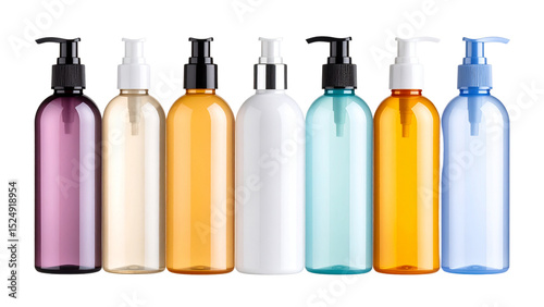 Plastic cosmetic bottles standing on white background
