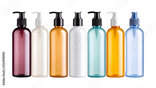 Plastic cosmetic bottles standing on white background