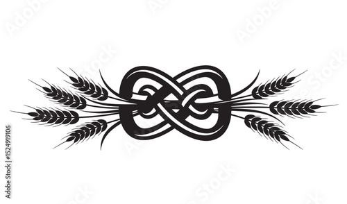 Decorative silhouette illustration of pretzel knot and wheat arrangement on a white background