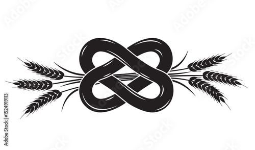 Black silhouette illustration of a pretzel with wheat ears a symbol of food bakery and agriculture