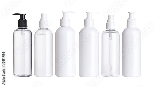 Plastic cosmetic bottles standing on white background