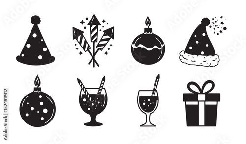 Festive holiday and celebration elements collection in black and white silhouette style for decorative design