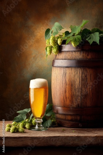 Golden Beer in Glass Next to Wooden Barrel and Fresh Hop Cones in Rustic Sett...