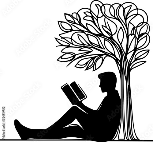Man reading a book while sitting under a tree in silhouette style  