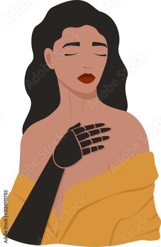 Woman character showing power strength of new bionic arms prosthesis. Happy disabled girl