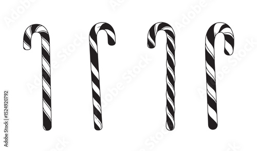 Four candy cane silhouettes in black and white festive holiday decorations perfect for christmas designs