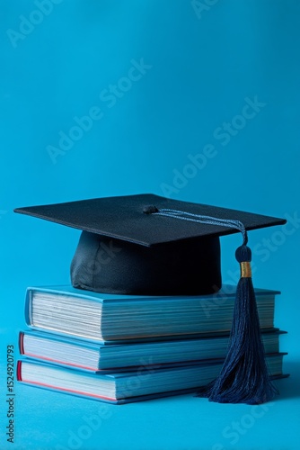 Graduation Cap Resting on Colorful Stacked Books Against a Solid Blue Backgro...