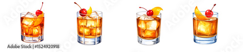Four refreshing drinks with ice, garnished with cherries and citrus slices.