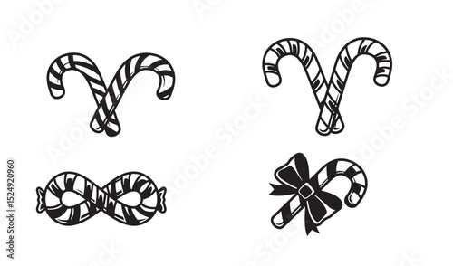 Collection of festive christmas candy cane silhouette illustrations in black and white decorations