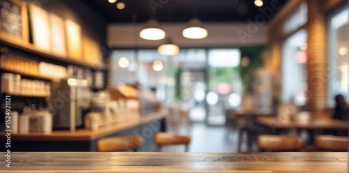 Empty Wooden Table in a Warmly Lit Cafe Interior
