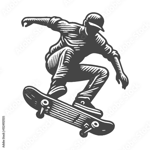 Vintage Hand-Drawn Skateboard Training Illustration, Urban Sport Engraved Style Vector for T-Shirts and Athletic Practice Design