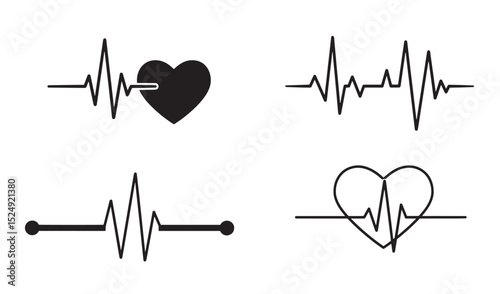Set of black and white heartbeat silhouette illustrations for medical and healthcare concepts
