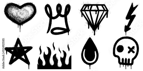 collection of black spray paint graffiti icons including lightning bolt, heart, crown, diamond, skull, star, drop, and flame.