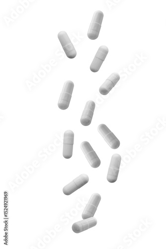 Obraz na płótnie Falling white medicine pills capsule isolated on white background