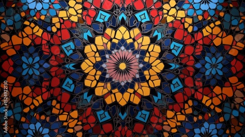 Colorful Geometric Patterns in Vibrant Stained Glass Design Art