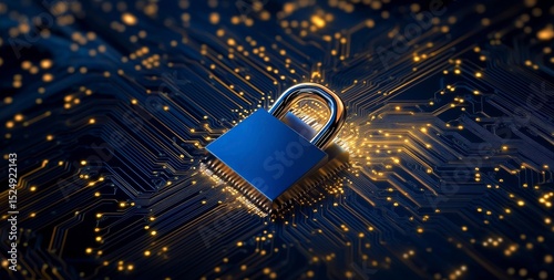 Cybersecurity Lock on Digital Circuit With Glowing Lights at Night