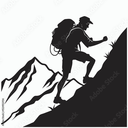 Backpacker ascending rugged mountain peak