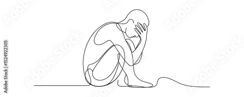Depressed man continuous line drawing style. Man in depression, stressed, headache and despair. Vector illustration