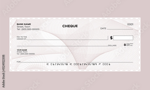 Vector Check Design, guilloche pattern, dashed line border, colorful 