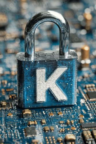 Close-up of a Padlock Featuring a Letter on a Computer Circuit Board
