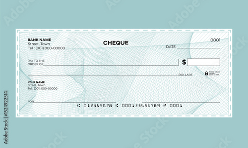 Vector Check Design, guilloche pattern, dashed line border, colorful 