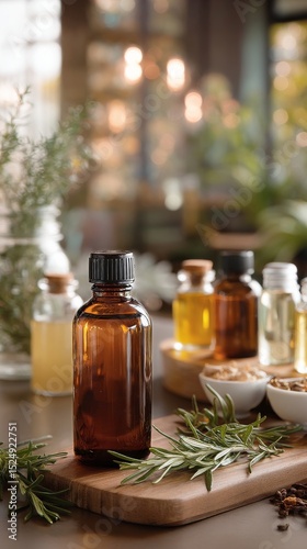 Aromatic Essential Oils Displayed in a Cozy Herbal Shop With Natural Light.